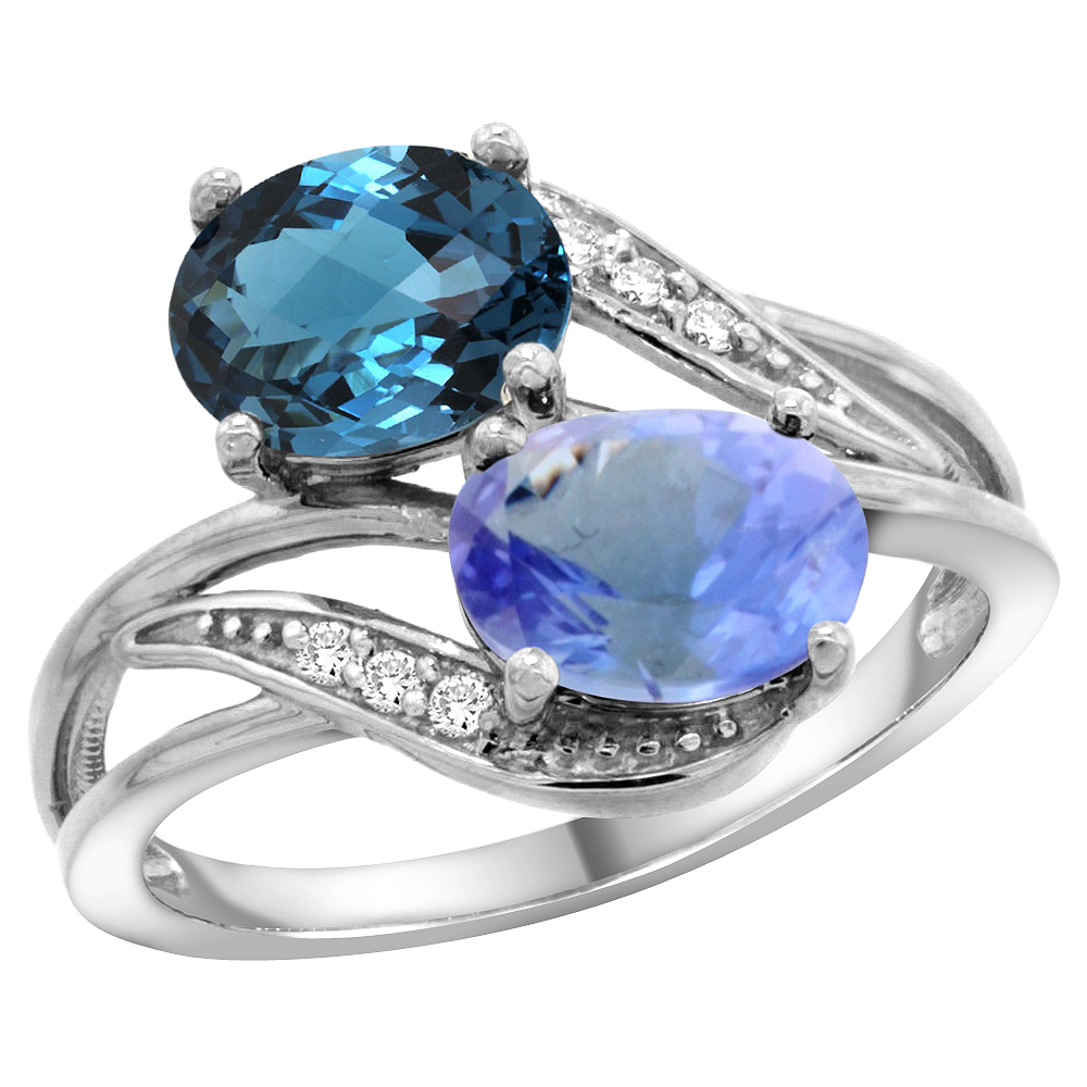 14K WHITE GOLD DIAMOND NATURAL LONDON BLUE TOPAZ & TANZANITE 2-STONE RING OVAL 8X6MM, SIZES 5 - 10