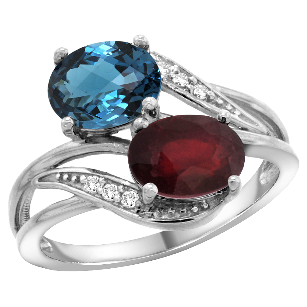 14K WHITE GOLD DIAMOND NATURAL LONDON BLUE TOPAZ & QUALITY RUBY 2-STONE MOTHERS RING OVAL 8X6MM,SZ5 - 10