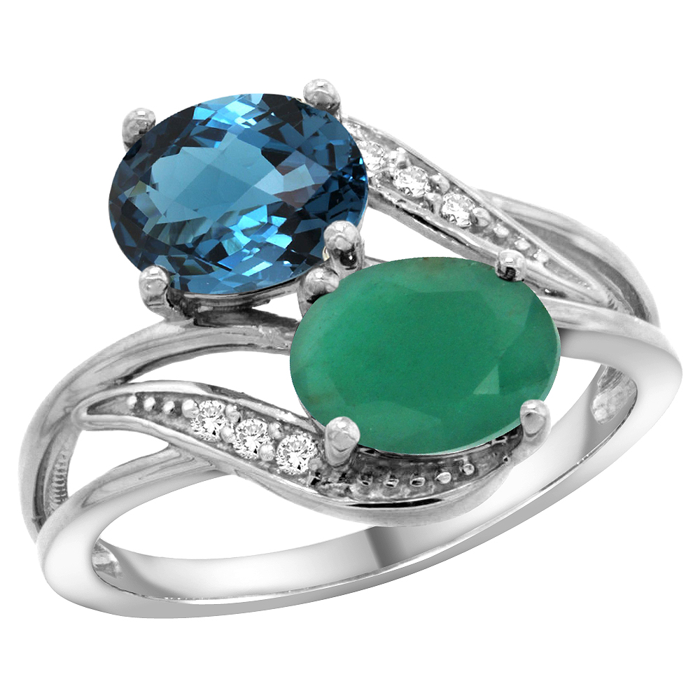 14K WHITE GOLD DIAMOND NATURAL LONDON BLUE TOPAZ&QUALITY EMERALD 2-STONE MOTHERS RING OVAL 8X6MM,SZ5 - 10