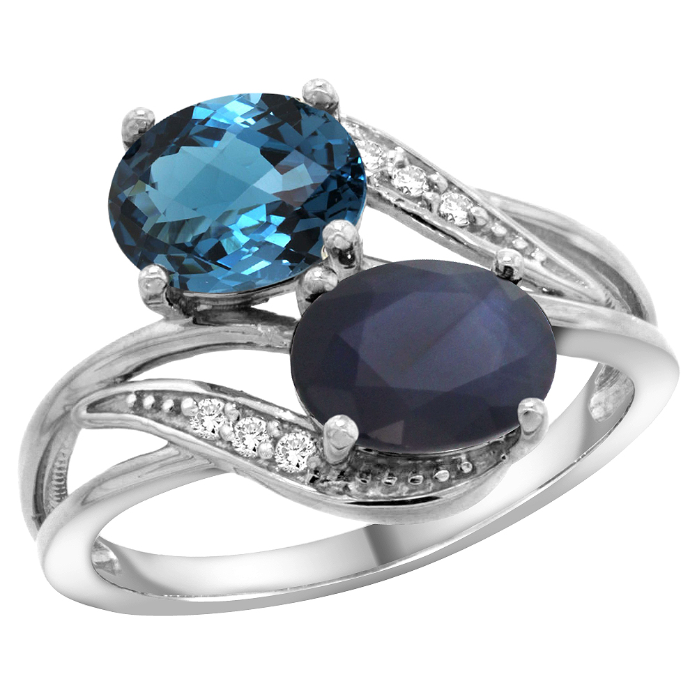 14K WHITE GOLD DIAMOND NATURAL LONDON BLUE TOPAZ & QUALITY BLUE SAPPHIRE 2-STONE RING OVAL 8X6MM, SZ5-10