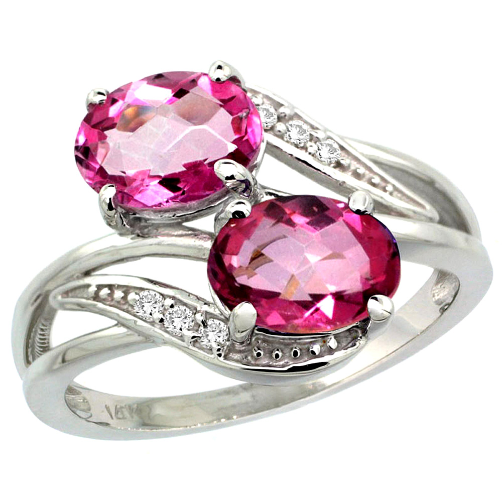 14K WHITE GOLD DIAMOND NATURAL PINK TOPAZ 2-STONE RING OVAL 8X6MM, SIZES 5 - 10