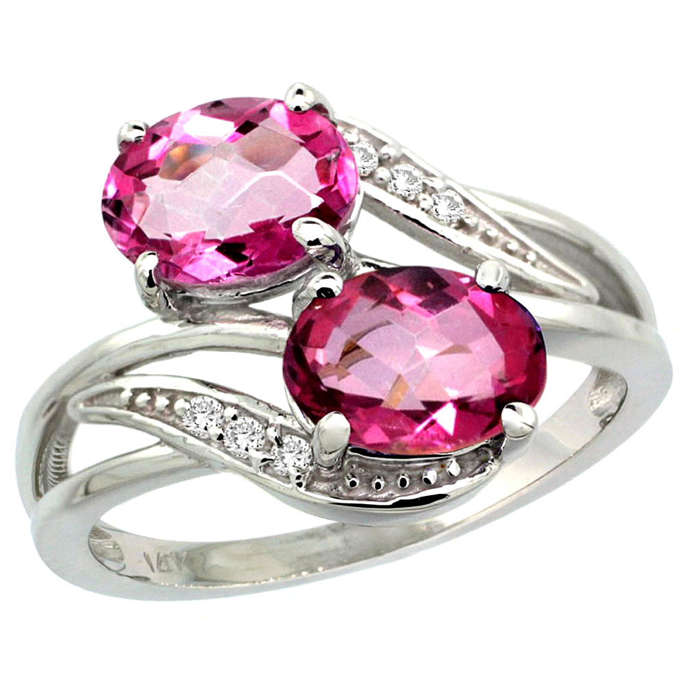 14K White Gold Diamond Natural Pink Topaz 2-stone Ring Oval 8x6mm, sizes 5 - 10