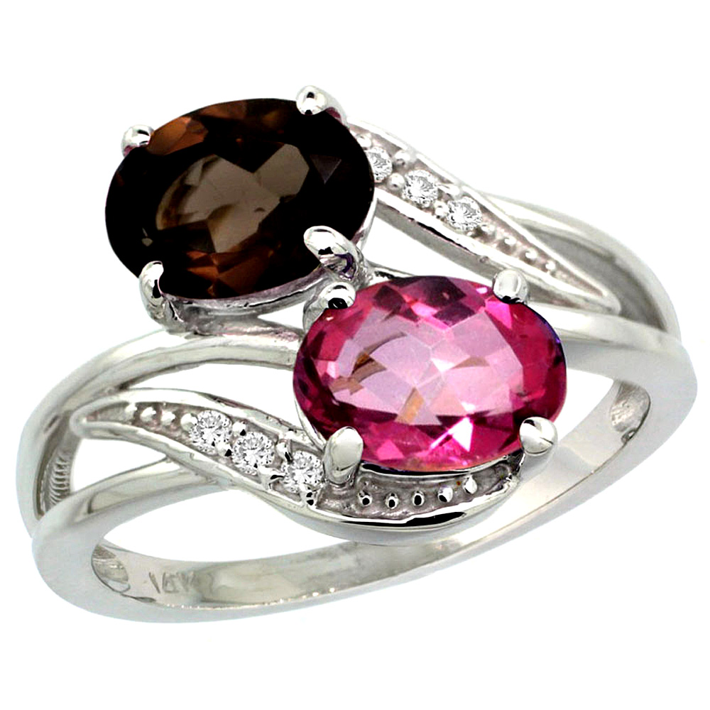 14K WHITE GOLD DIAMOND NATURAL PINK & SMOKY TOPAZ 2-STONE RING OVAL 8X6MM, SIZES 5 - 10