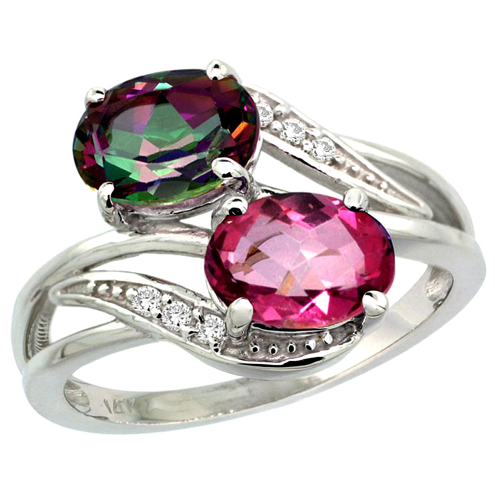 14K White Gold Diamond Natural Pink &amp; Mystic Topaz 2-stone Ring Oval 8x6mm, sizes 5 - 10