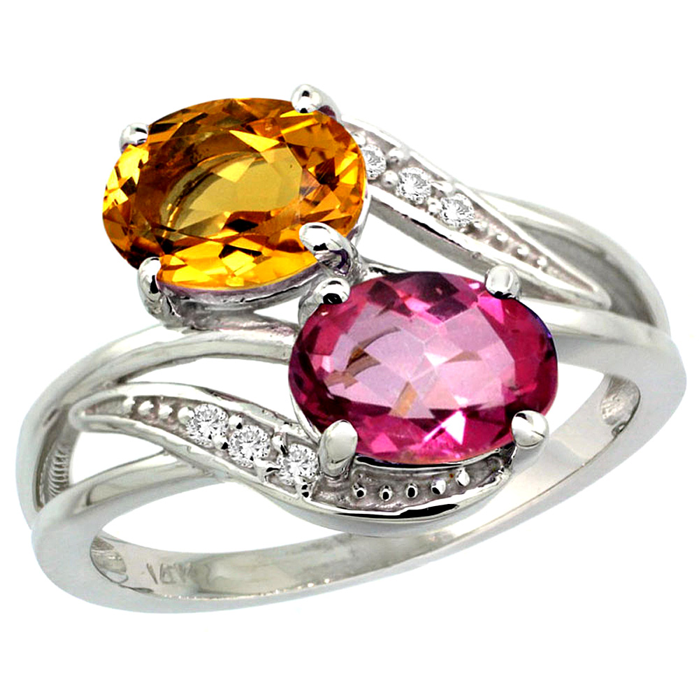 10K White Gold Diamond Natural Pink Topaz &amp; Citrine 2-stone Ring Oval 8x6mm, sizes 5 - 10
