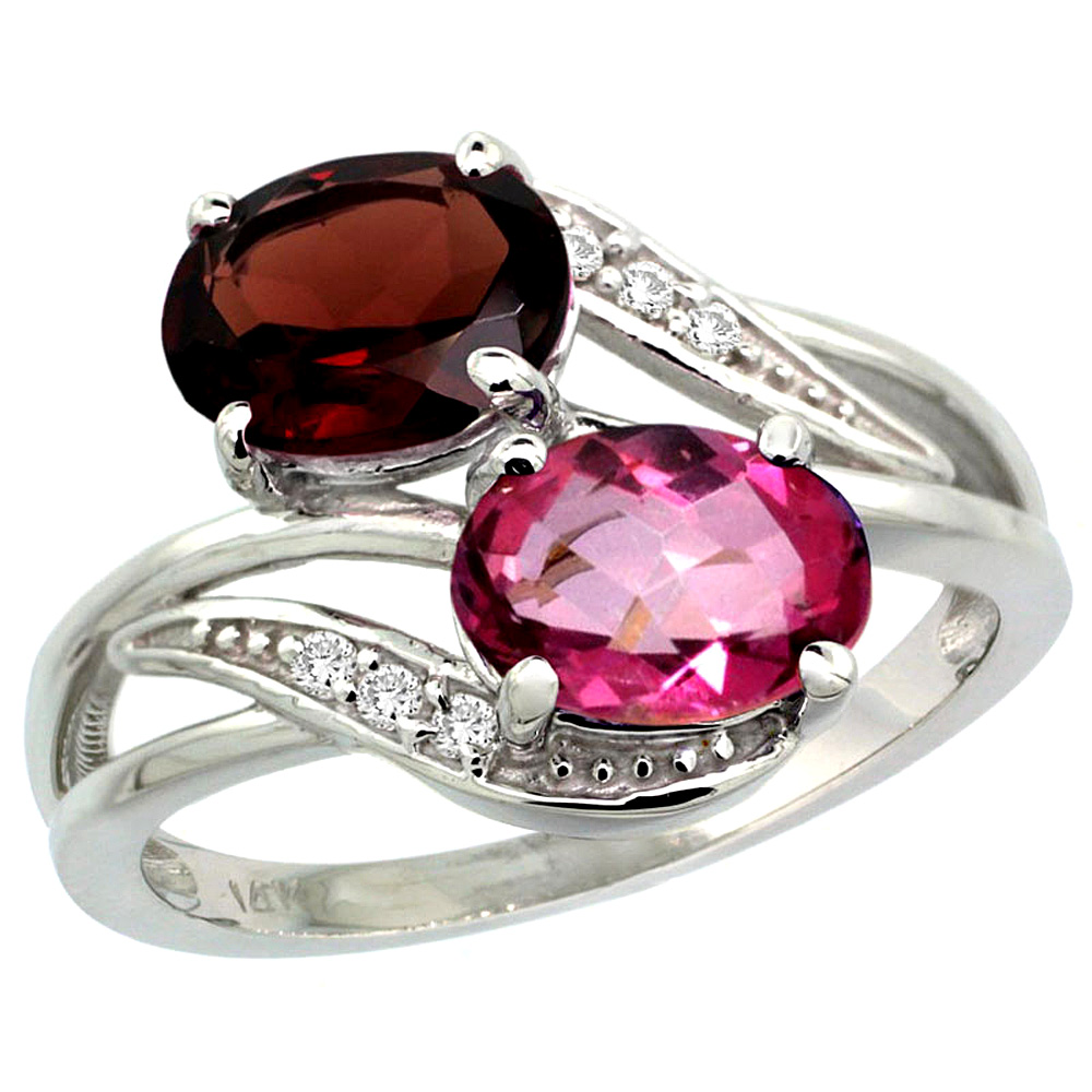 10K White Gold Diamond Natural Pink Topaz &amp; Garnet 2-stone Ring Oval 8x6mm, sizes 5 - 10