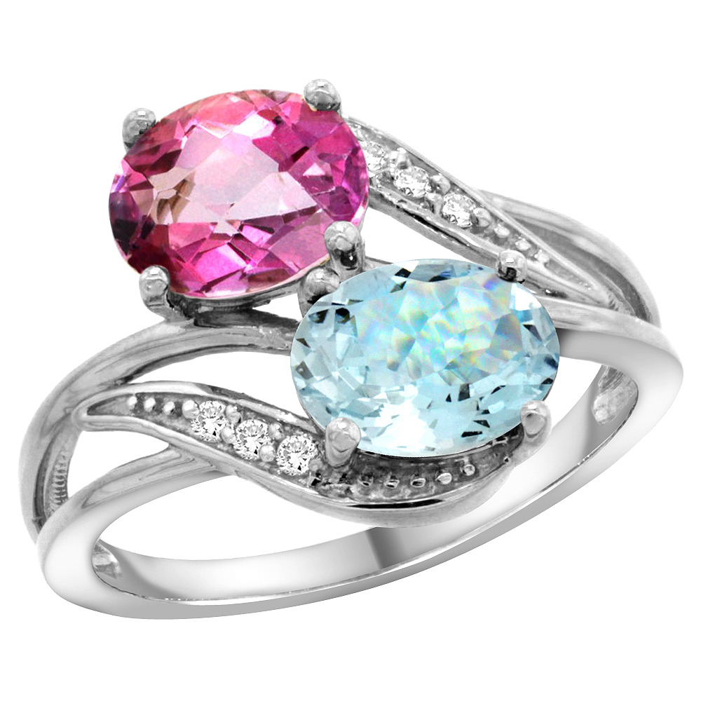 14K White Gold Diamond Natural Pink Topaz &amp; Aquamarine 2-stone Ring Oval 8x6mm, sizes 5 - 10