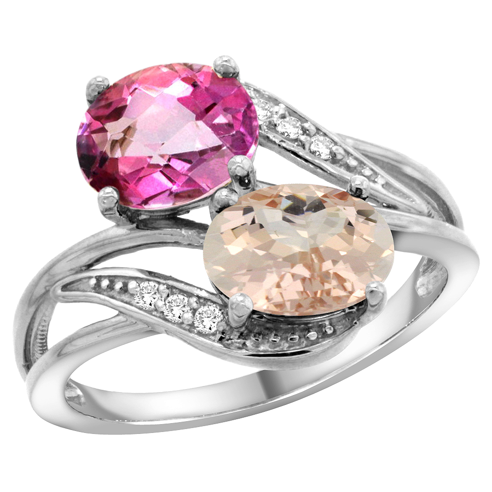 10K White Gold Diamond Natural Pink Topaz &amp; Morganite 2-stone Ring Oval 8x6mm, sizes 5 - 10