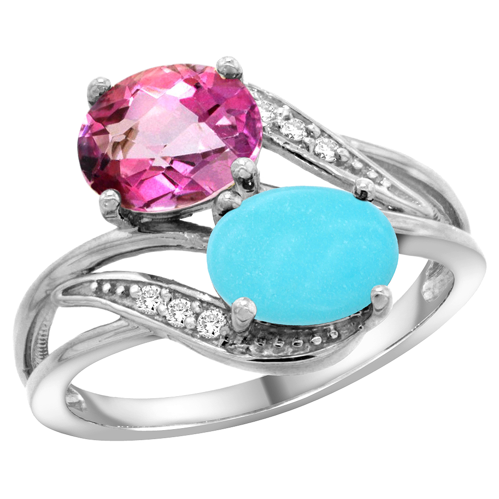 14K White Gold Diamond Natural Pink Topaz &amp; Turquoise 2-stone Ring Oval 8x6mm, sizes 5 - 10