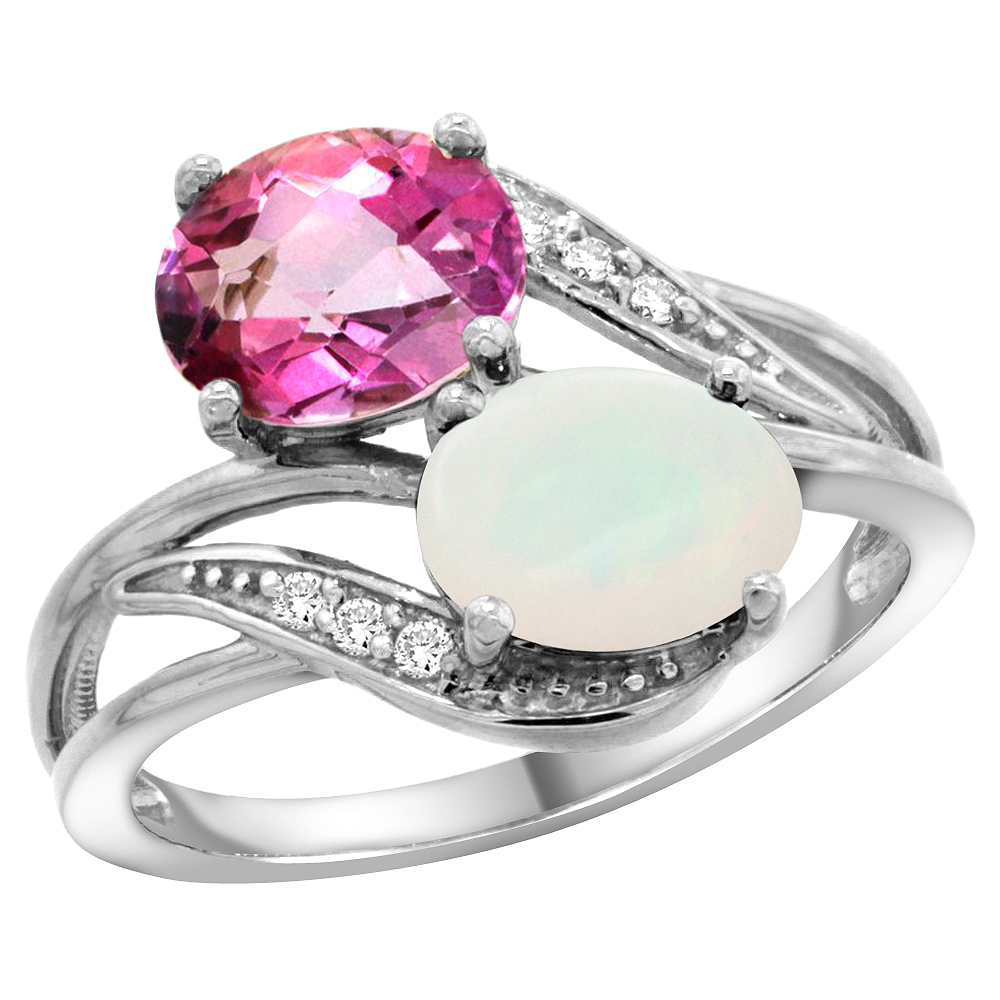 10K White Gold Diamond Natural Pink Topaz &amp; Opal 2-stone Ring Oval 8x6mm, sizes 5 - 10