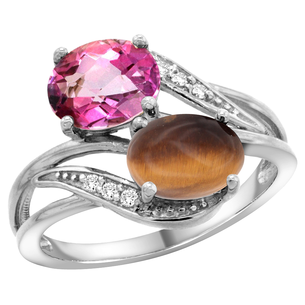 10K White Gold Diamond Natural Pink Topaz &amp; Tiger Eye 2-stone Ring Oval 8x6mm, sizes 5 - 10
