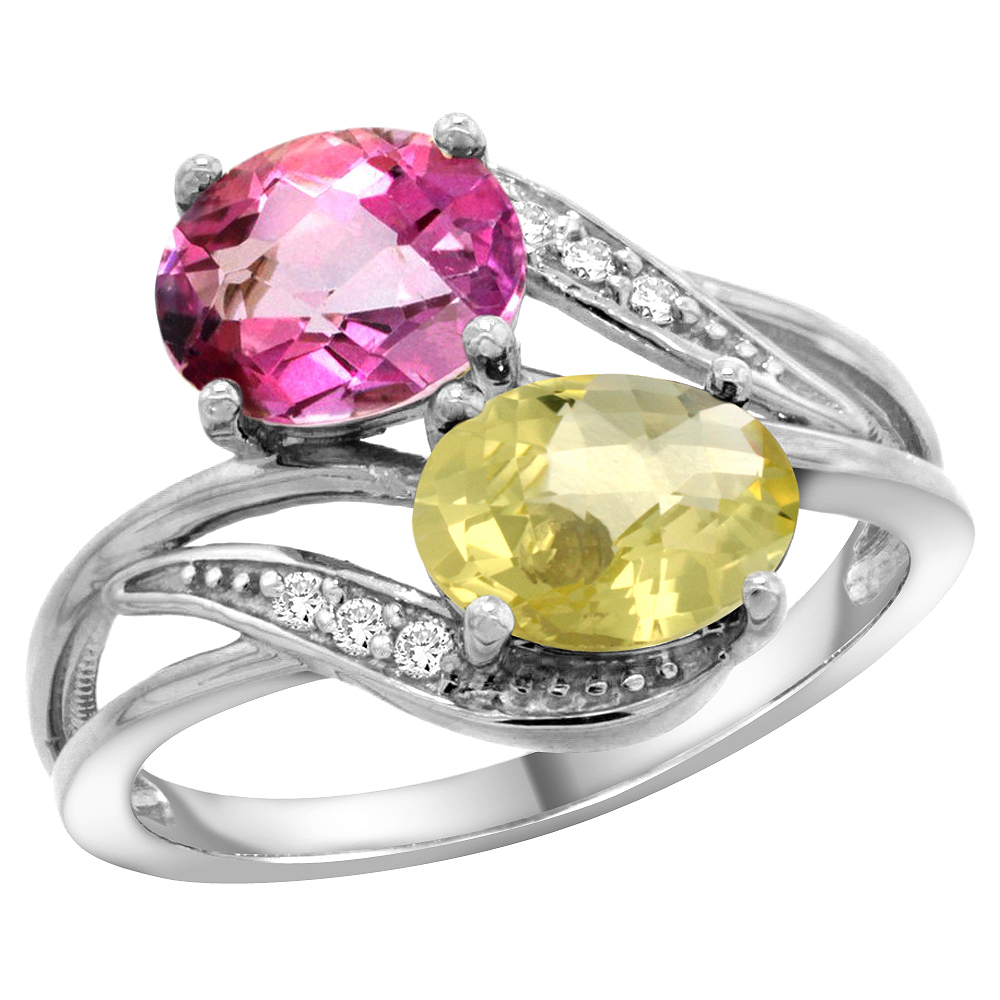 14K White Gold Diamond Natural Pink Topaz & Lemon Quartz 2-stone Ring Oval 8x6mm, sizes 5 - 10