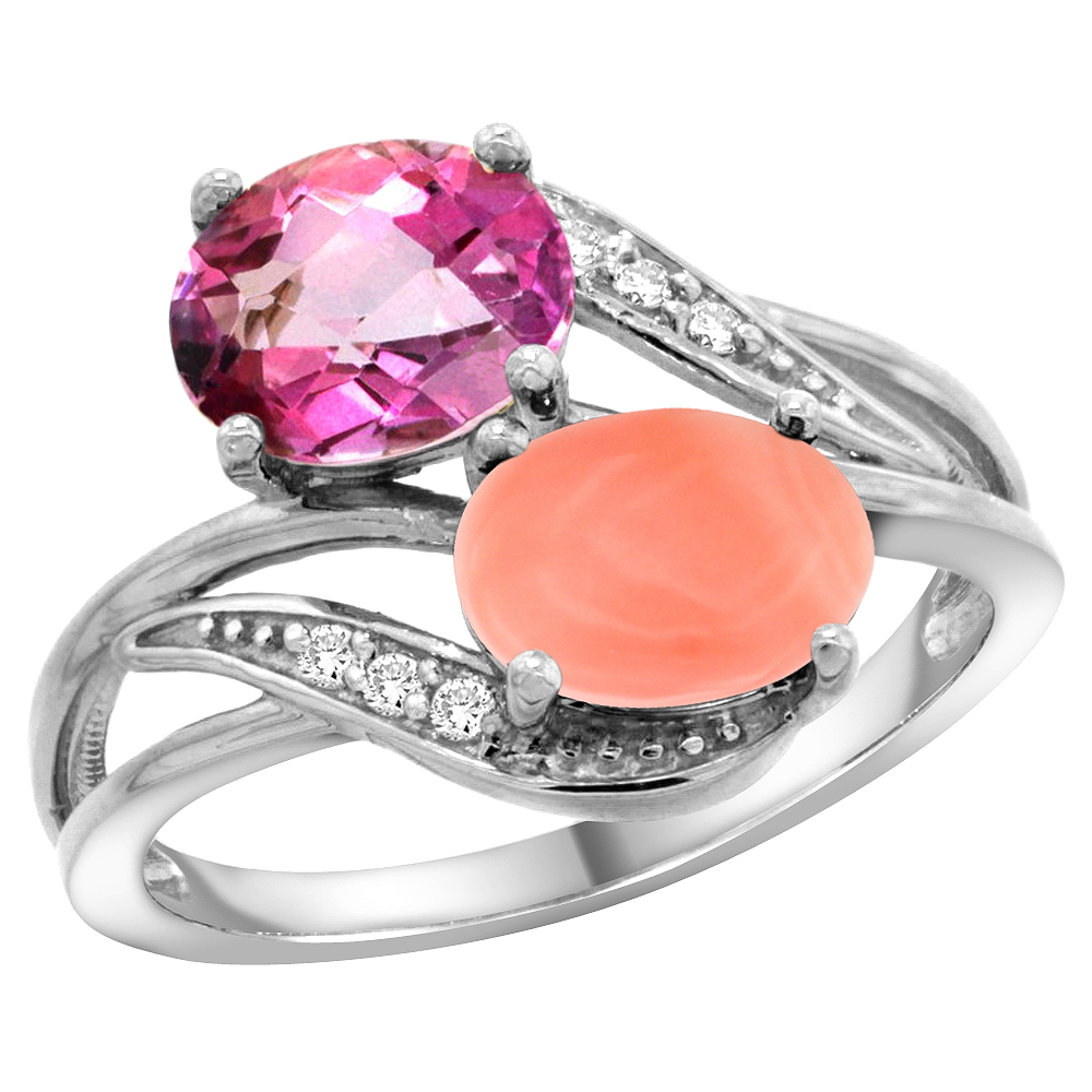 10K WHITE GOLD DIAMOND NATURAL PINK TOPAZ & CORAL 2-STONE RING OVAL 8X6MM, SIZES 5 - 10