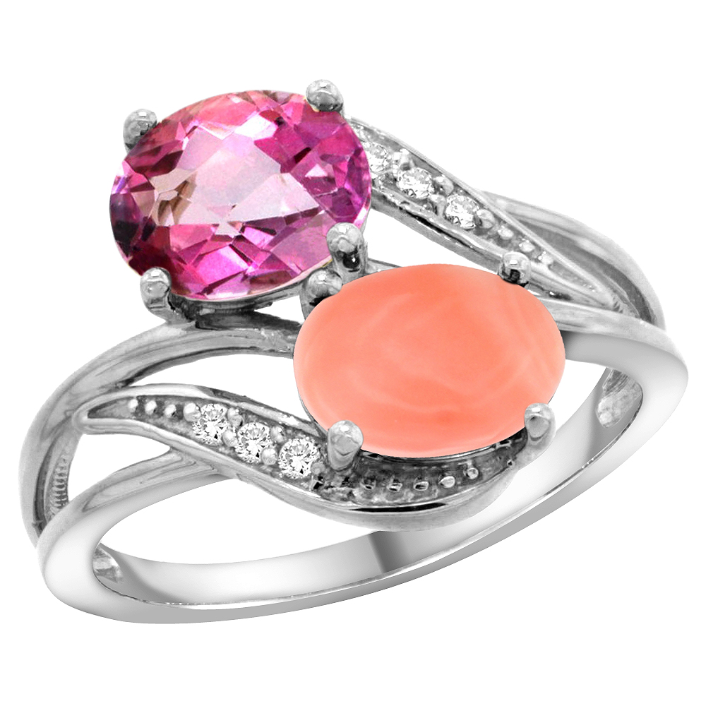 14K White Gold Diamond Natural Pink Topaz &amp; Coral 2-stone Ring Oval 8x6mm, sizes 5 - 10