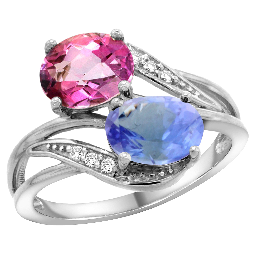 14K White Gold Diamond Natural Pink Topaz &amp; Tanzanite 2-stone Ring Oval 8x6mm, sizes 5 - 10