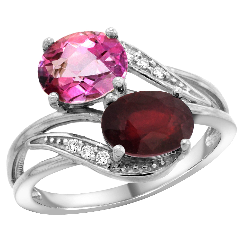 14K White Gold Diamond Natural Pink Topaz & Quality Ruby 2-stone Mothers Ring Oval 8x6mm, size 5 - 10