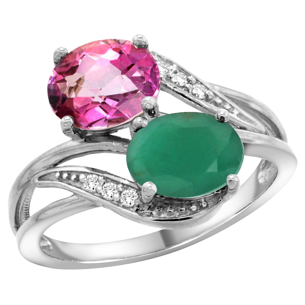 14K White Gold Diamond Natural Pink Topaz &amp; Quality Emerald 2-stone Mothers Ring Oval 8x6mm, size 5 - 10
