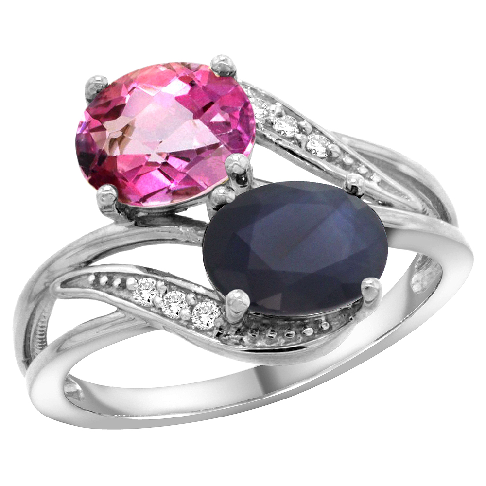 14K White Gold Diamond Natural Pink Topaz &amp; Quality Blue Sapphire 2-stone Mothers Ring Oval 8x6mm,sz 5-10