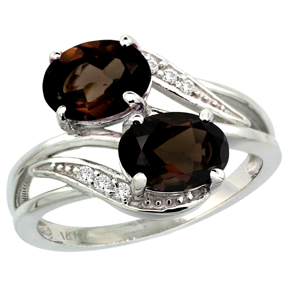 14K WHITE GOLD DIAMOND NATURAL SMOKY TOPAZ 2-STONE RING OVAL 8X6MM, SIZES 5 - 10