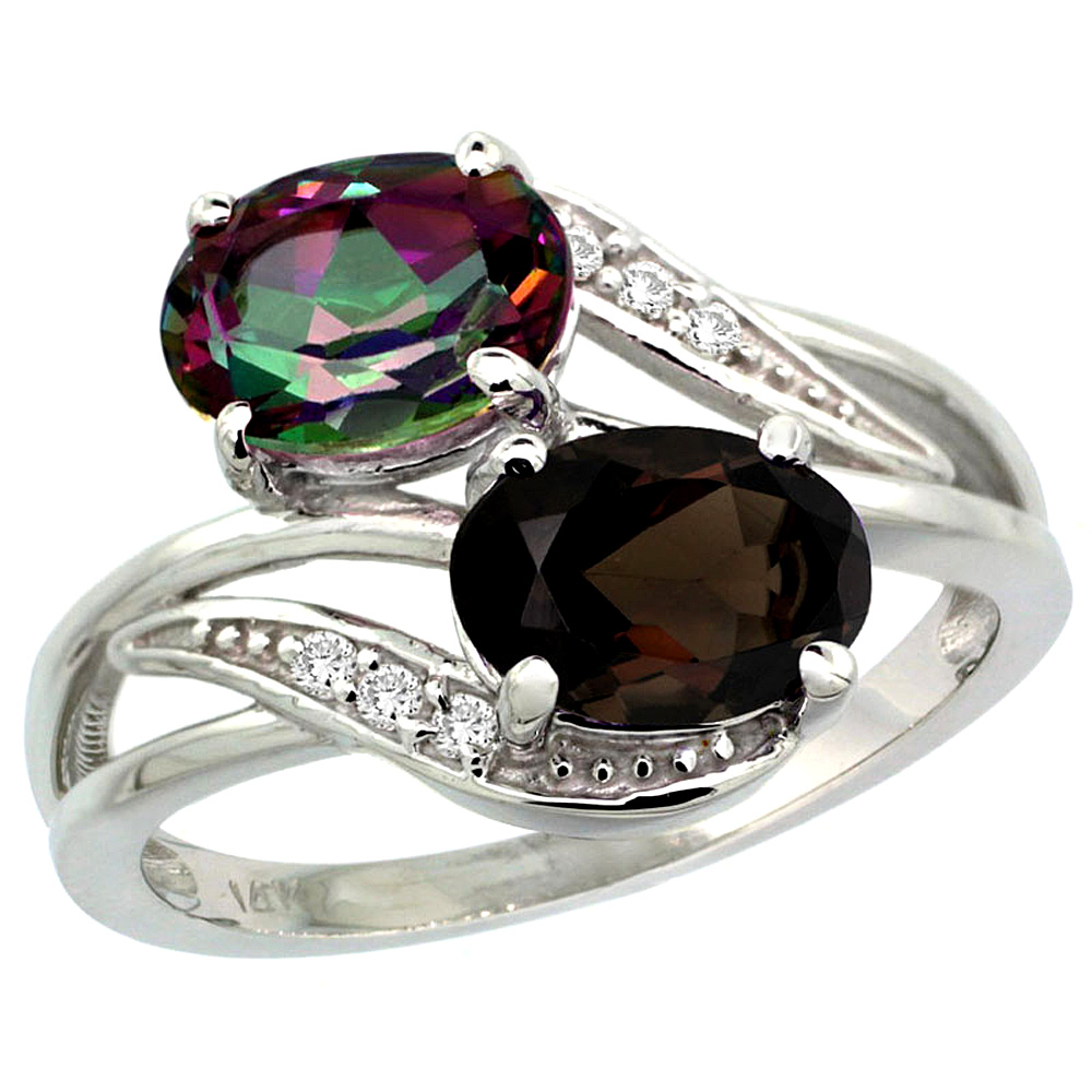 14K WHITE GOLD DIAMOND NATURAL SMOKY & MYSTIC TOPAZ 2-STONE RING OVAL 8X6MM, SIZES 5 - 10