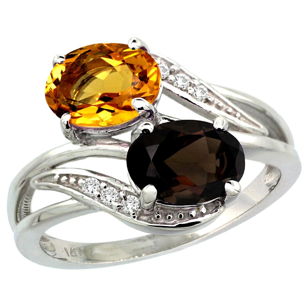 14K WHITE GOLD DIAMOND NATURAL SMOKY TOPAZ & CITRINE 2-STONE RING OVAL 8X6MM, SIZES 5 - 10