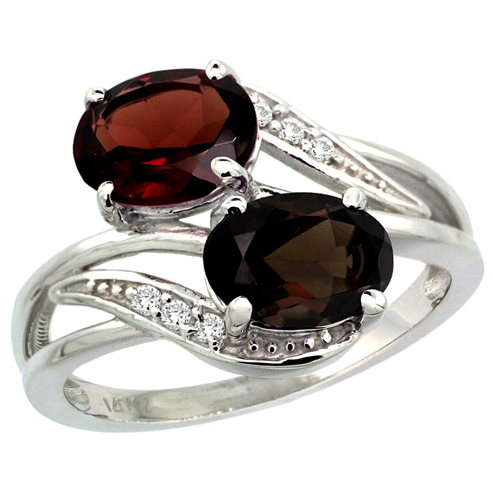 14K WHITE GOLD DIAMOND NATURAL SMOKY TOPAZ & GARNET 2-STONE RING OVAL 8X6MM, SIZES 5 - 10