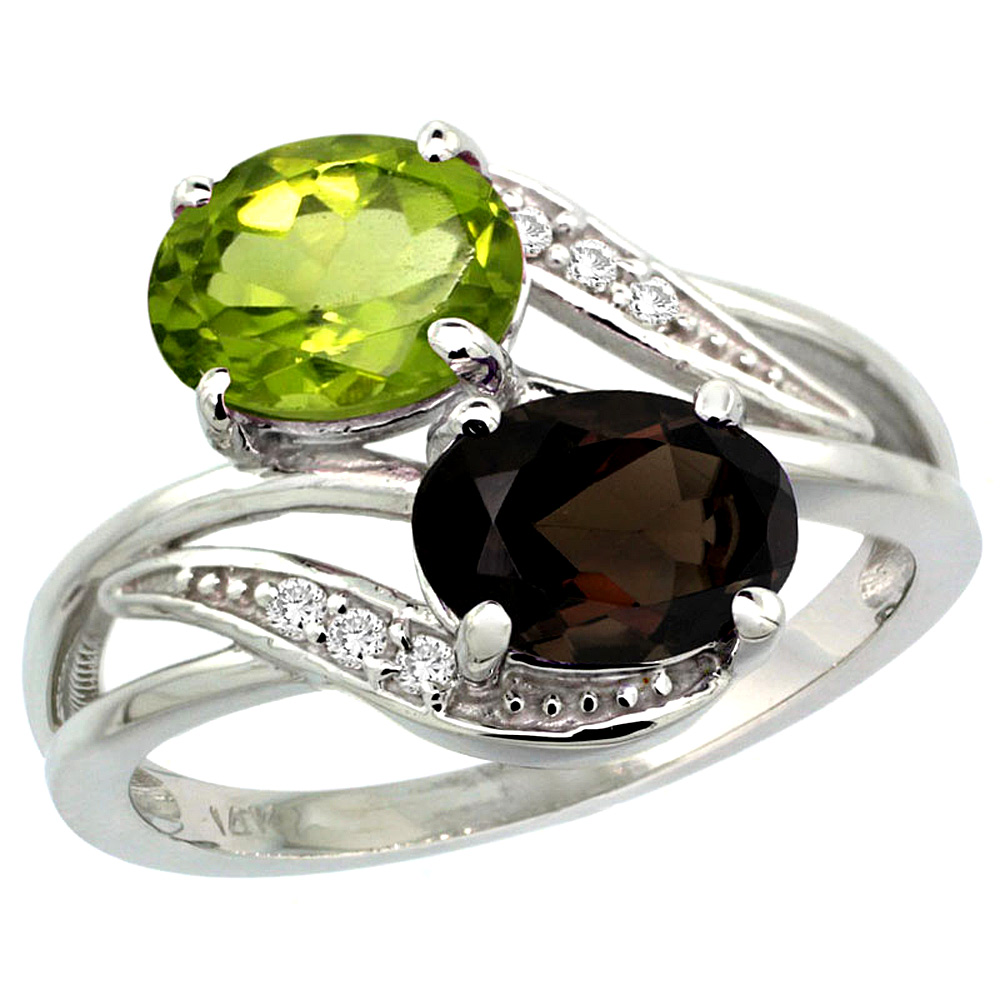 14K WHITE GOLD DIAMOND NATURAL SMOKY TOPAZ & PERIDOT 2-STONE RING OVAL 8X6MM, SIZES 5 - 10