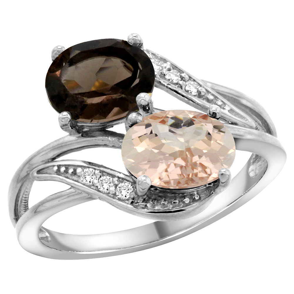14K White Gold Diamond Natural Smoky Topaz & Morganite 2-stone Ring Oval 8x6mm, sizes 5 - 10