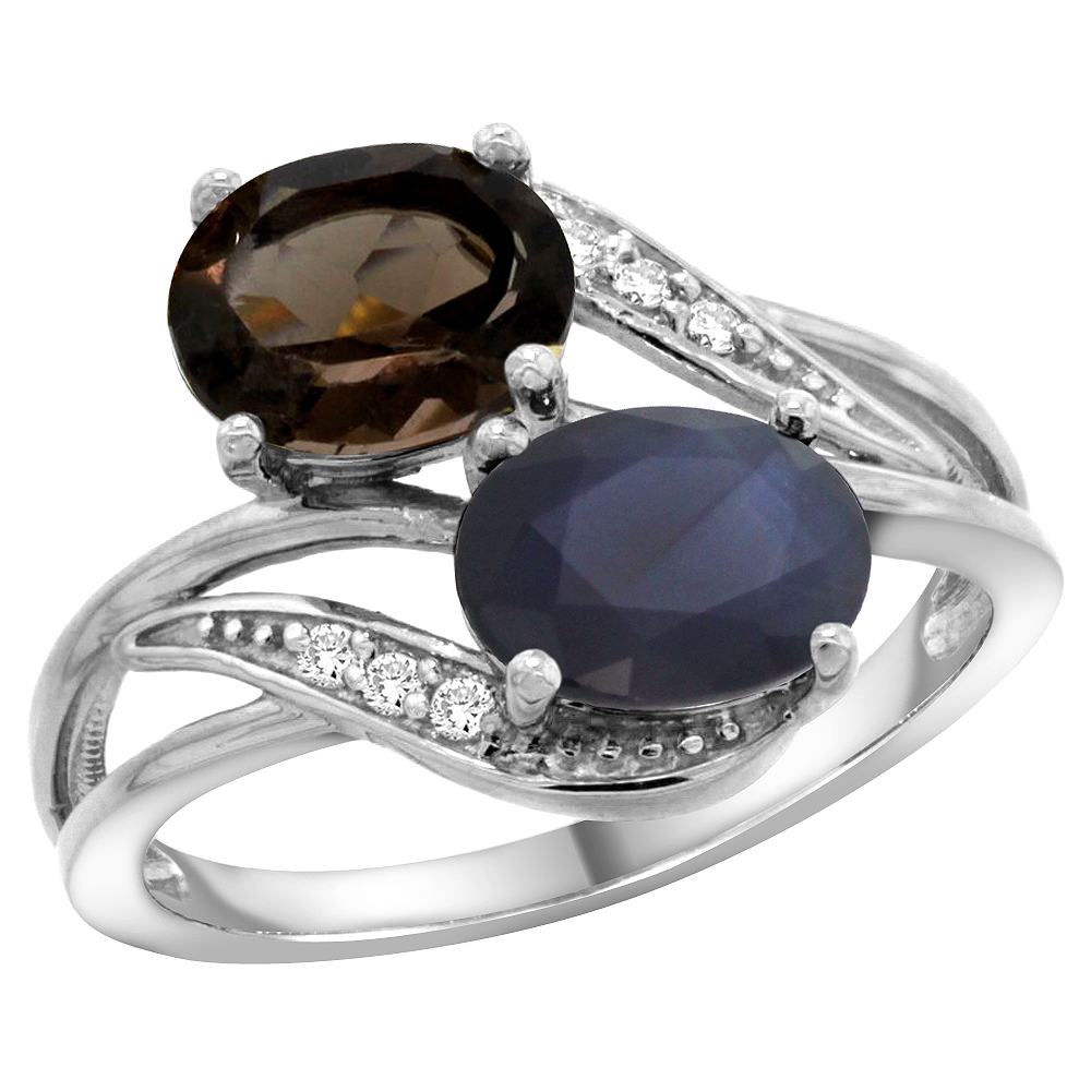 10K WHITE GOLD DIAMOND NATURAL SMOKY TOPAZ & BLUE SAPPHIRE 2-STONE RING OVAL 8X6MM, SIZES 5 - 10