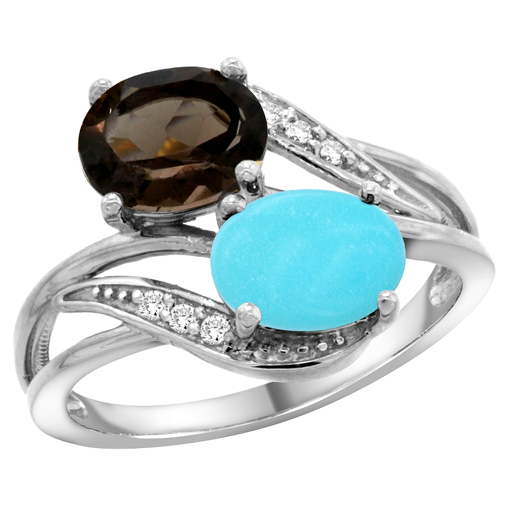 10K WHITE GOLD DIAMOND NATURAL SMOKY TOPAZ & TURQUOISE 2-STONE RING OVAL 8X6MM, SIZES 5 - 10