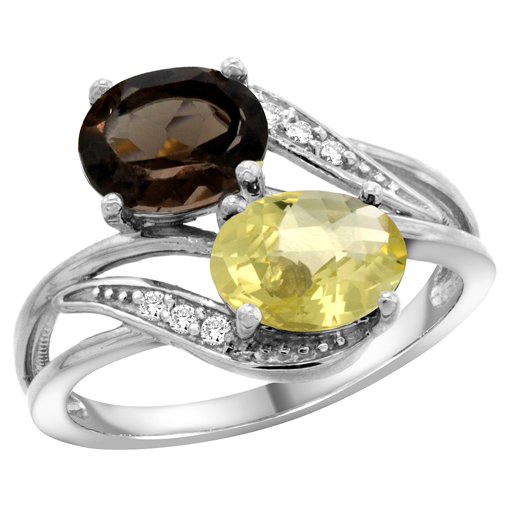 14K WHITE GOLD DIAMOND NATURAL SMOKY TOPAZ & LEMON QUARTZ 2-STONE RING OVAL 8X6MM, SIZES 5 - 10