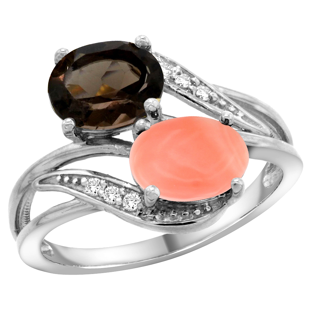 14K WHITE GOLD DIAMOND NATURAL SMOKY TOPAZ & CORAL 2-STONE RING OVAL 8X6MM, SIZES 5 - 10