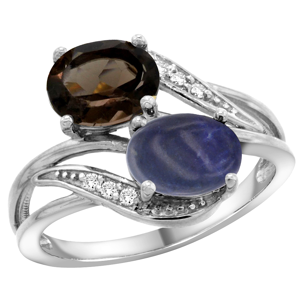 14K WHITE GOLD DIAMOND NATURAL SMOKY TOPAZ & LAPIS 2-STONE RING OVAL 8X6MM, SIZES 5 - 10