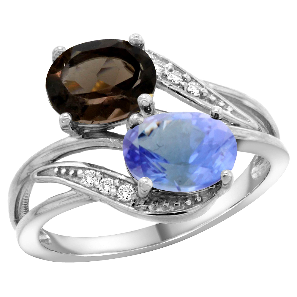 14K WHITE GOLD DIAMOND NATURAL SMOKY TOPAZ & TANZANITE 2-STONE RING OVAL 8X6MM, SIZES 5 - 10