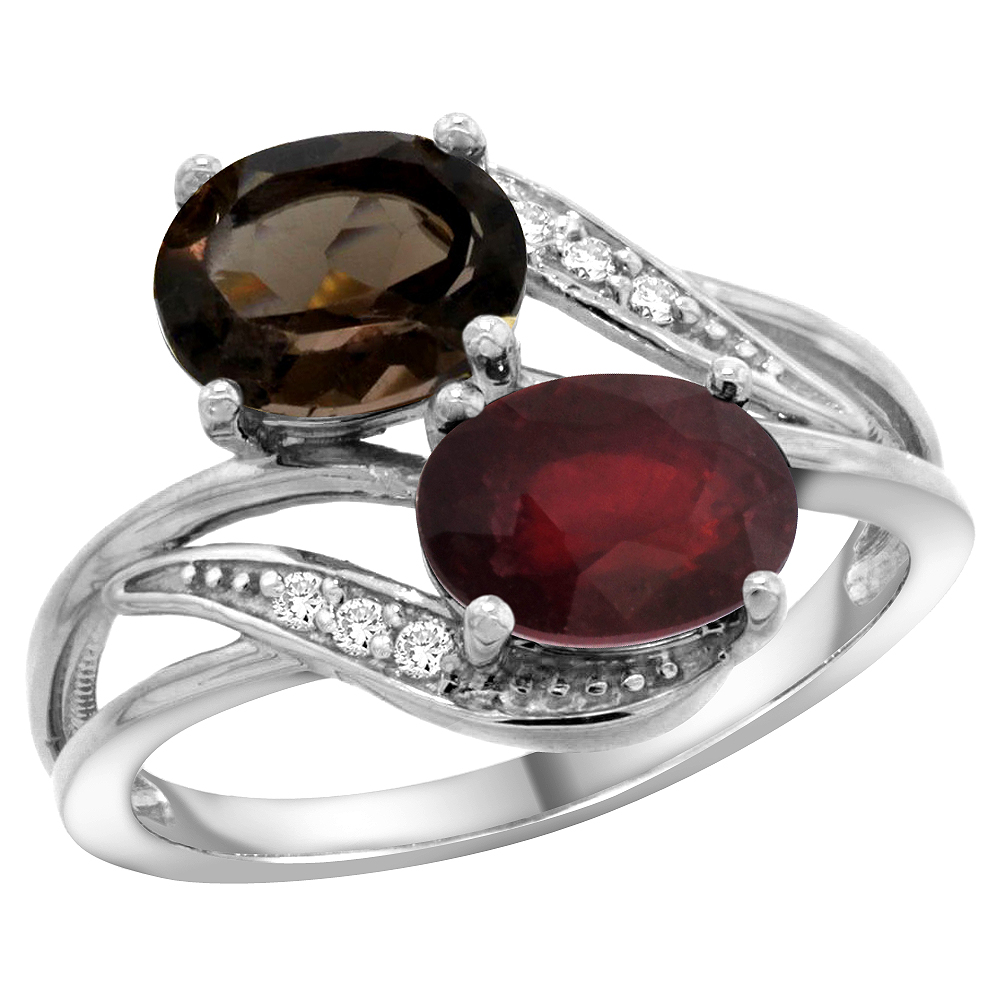 14K WHITE GOLD DIAMOND NATURAL SMOKY TOPAZ & QUALITY RUBY 2-STONE MOTHERS RING OVAL 8X6MM, SIZE 5 - 10