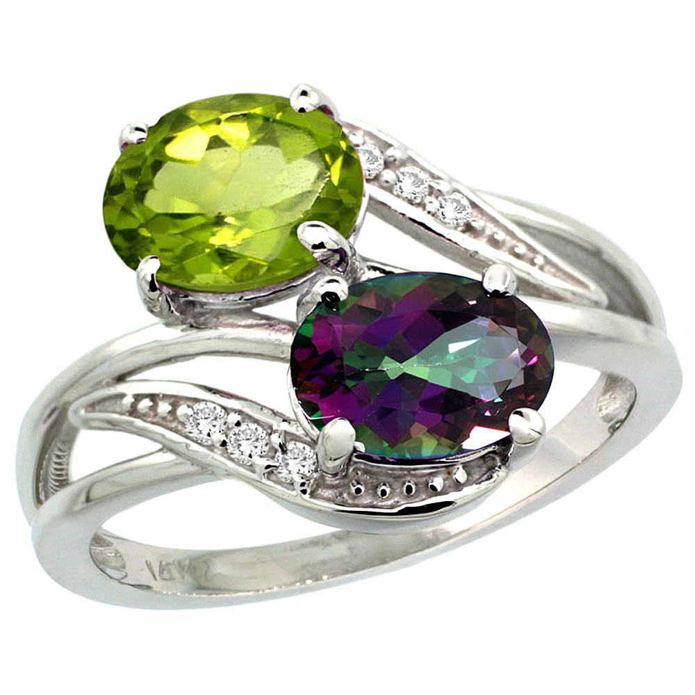 14K WHITE GOLD DIAMOND NATURAL MYSTIC TOPAZ & PERIDOT 2-STONE RING OVAL 8X6MM, SIZES 5 - 10