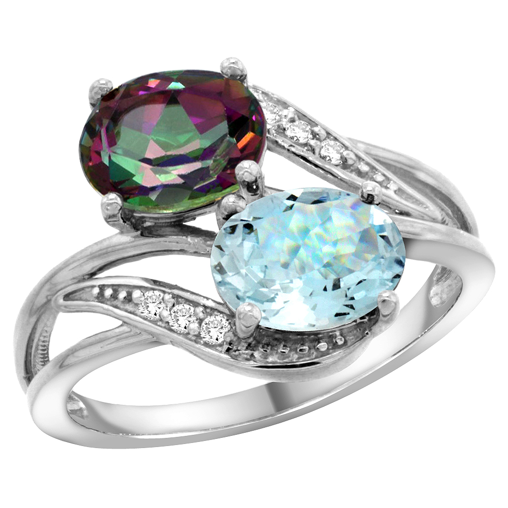 14K WHITE GOLD DIAMOND NATURAL MYSTIC TOPAZ & AQUAMARINE 2-STONE RING OVAL 8X6MM, SIZES 5 - 10
