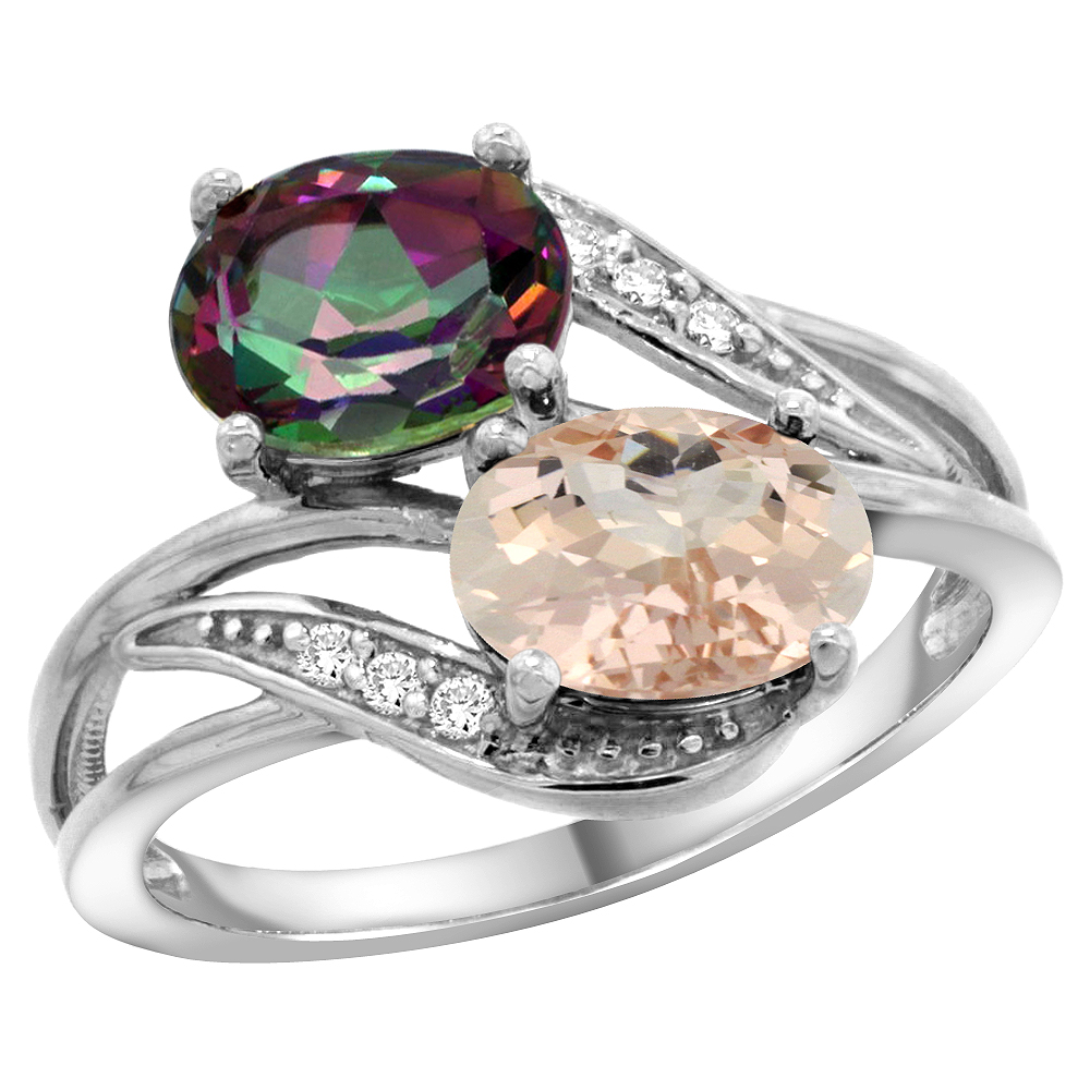 14K WHITE GOLD DIAMOND NATURAL MYSTIC TOPAZ & MORGANITE 2-STONE RING OVAL 8X6MM, SIZES 5 - 10