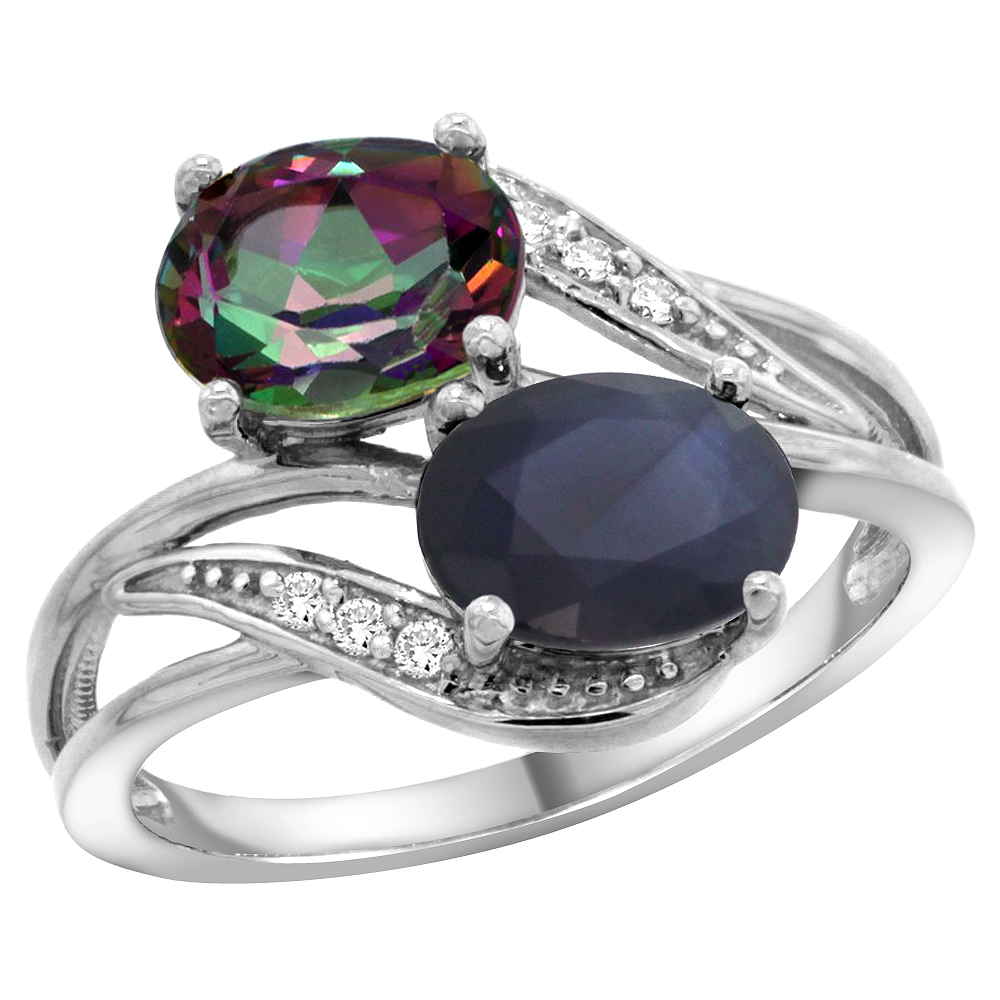 14K WHITE GOLD DIAMOND NATURAL MYSTIC TOPAZ & BLUE SAPPHIRE 2-STONE RING OVAL 8X6MM, SIZES 5 - 10