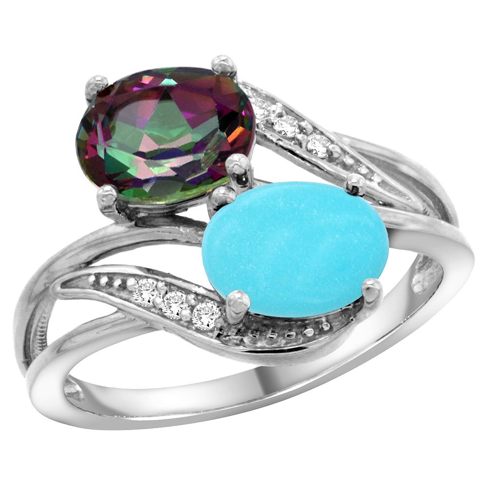 14K WHITE GOLD DIAMOND NATURAL MYSTIC TOPAZ & TURQUOISE 2-STONE RING OVAL 8X6MM, SIZES 5 - 10