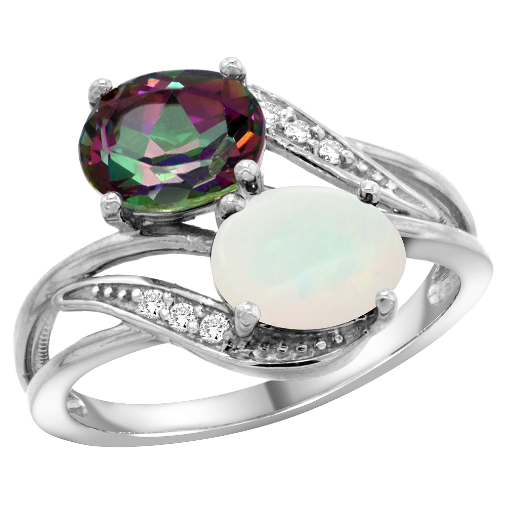 14K WHITE GOLD DIAMOND NATURAL MYSTIC TOPAZ & OPAL 2-STONE RING OVAL 8X6MM, SIZES 5 - 10