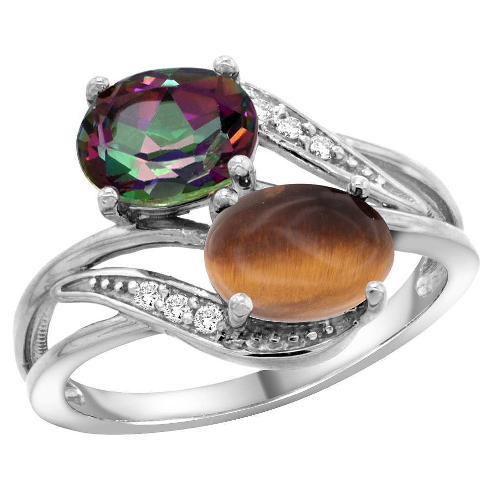 14K WHITE GOLD DIAMOND NATURAL MYSTIC TOPAZ & TIGER EYE 2-STONE RING OVAL 8X6MM, SIZES 5 - 10