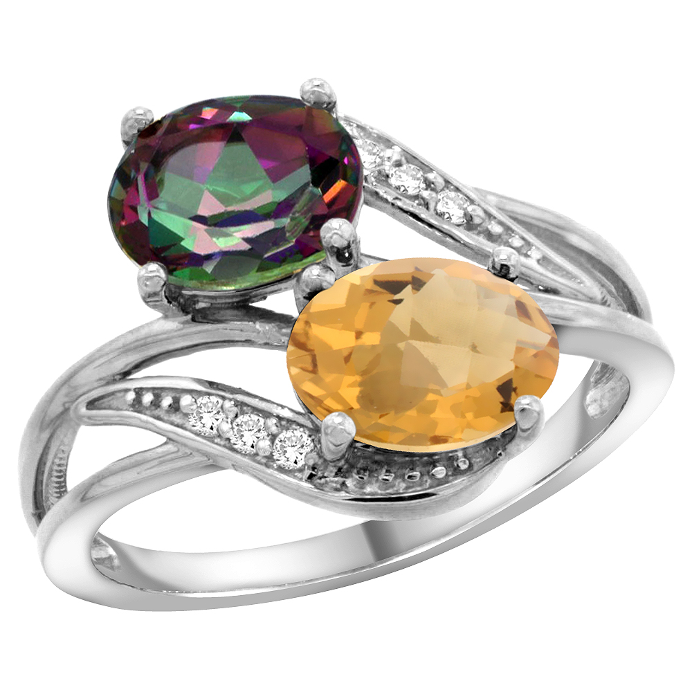 14K WHITE GOLD DIAMOND NATURAL MYSTIC TOPAZ & WHISKY QUARTZ 2-STONE RING OVAL 8X6MM, SIZES 5 - 10