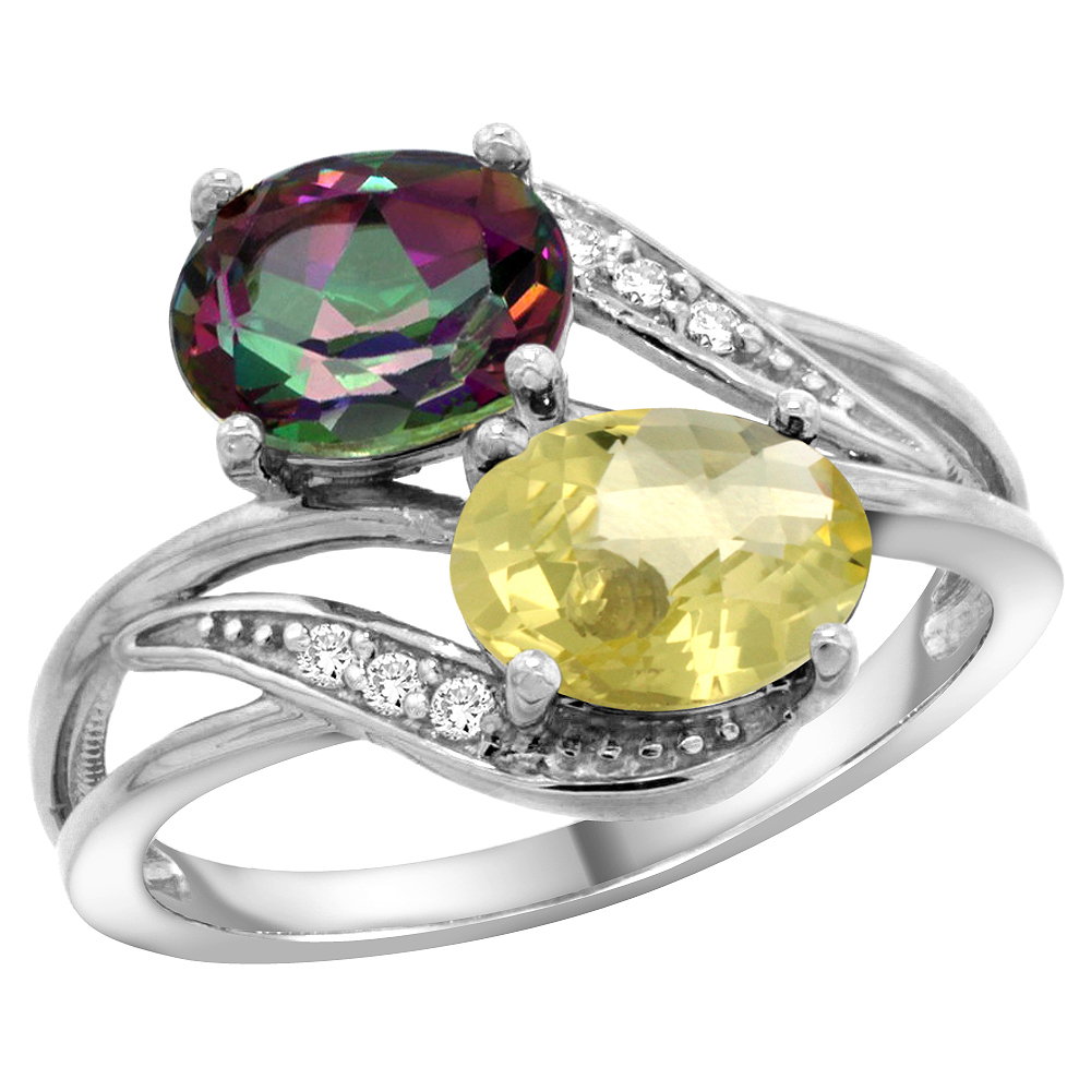14K WHITE GOLD DIAMOND NATURAL MYSTIC TOPAZ & LEMON QUARTZ 2-STONE RING OVAL 8X6MM, SIZES 5 - 10