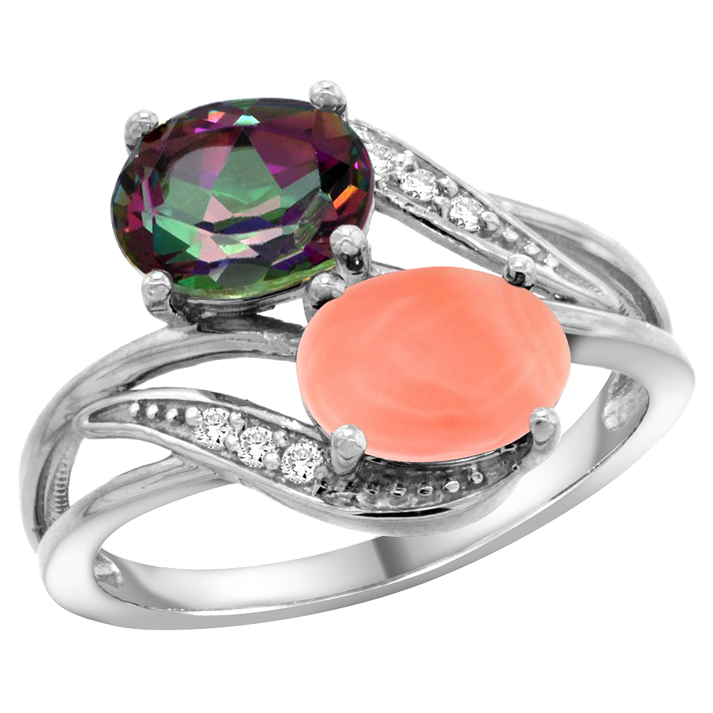 14K WHITE GOLD DIAMOND NATURAL MYSTIC TOPAZ & CORAL 2-STONE RING OVAL 8X6MM, SIZES 5 - 10