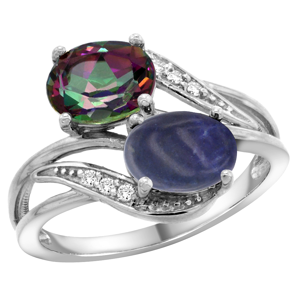 14K WHITE GOLD DIAMOND NATURAL MYSTIC TOPAZ & LAPIS 2-STONE RING OVAL 8X6MM, SIZES 5 - 10