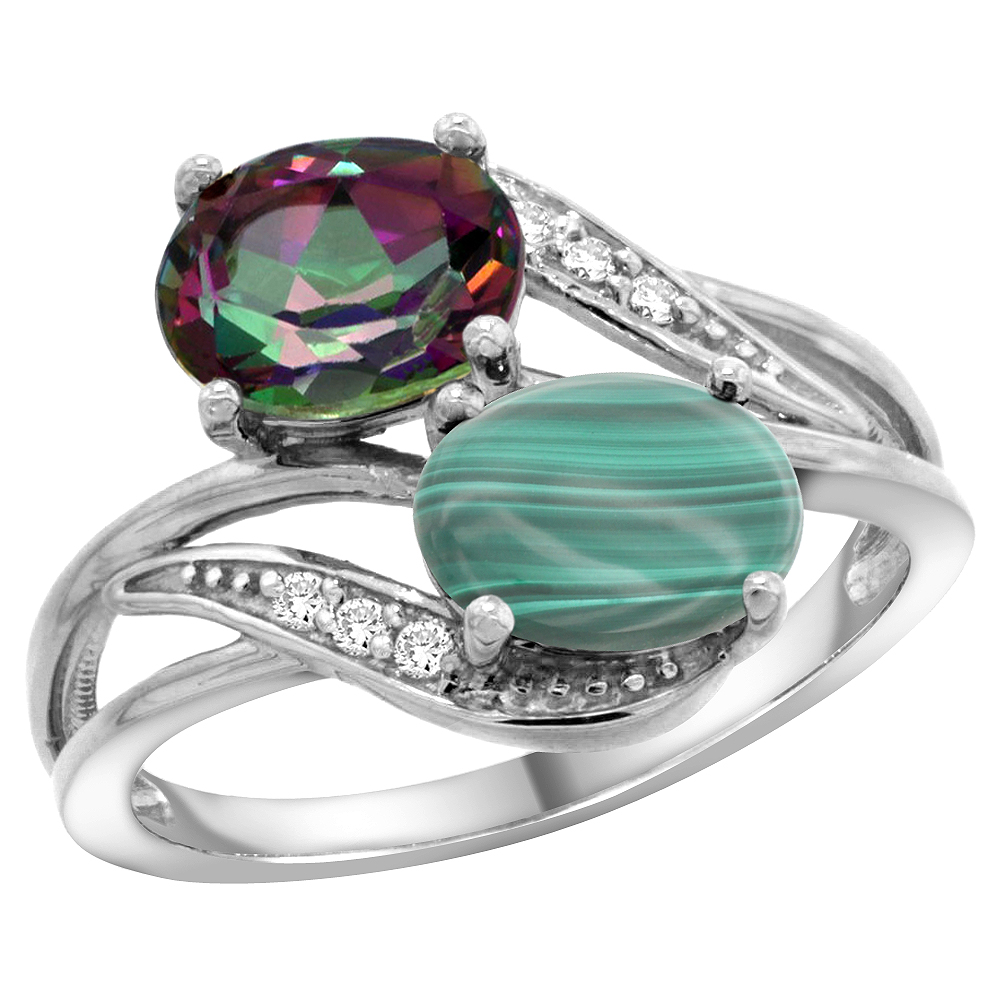 14K WHITE GOLD DIAMOND NATURAL MYSTIC TOPAZ & MALACHITE 2-STONE RING OVAL 8X6MM, SIZES 5 - 10