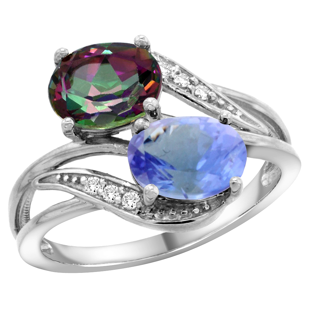 14K WHITE GOLD DIAMOND NATURAL MYSTIC TOPAZ & TANZANITE 2-STONE RING OVAL 8X6MM, SIZES 5 - 10