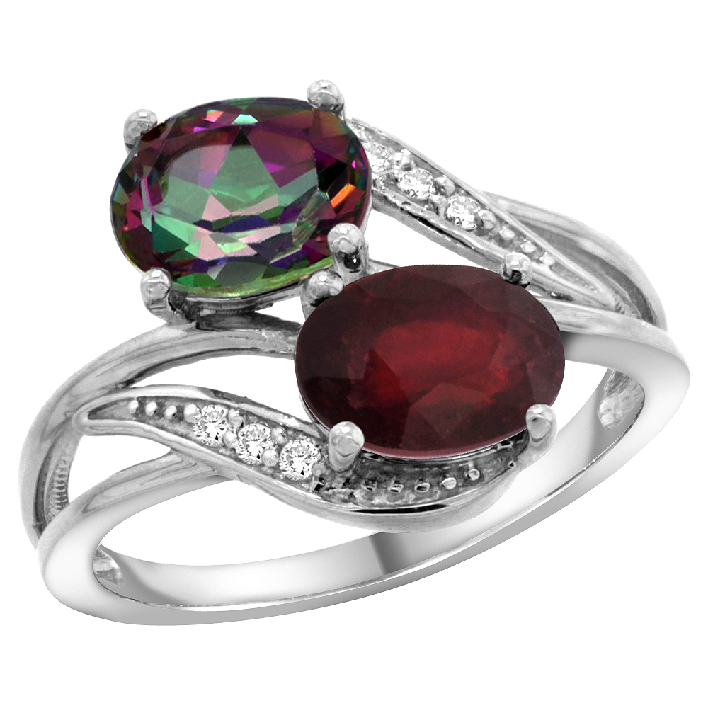14K WHITE GOLD DIAMOND NATURAL MYSTIC TOPAZ & QUALITY RUBY 2-STONE MOTHERS RING OVAL 8X6MM, SIZE 5 - 10