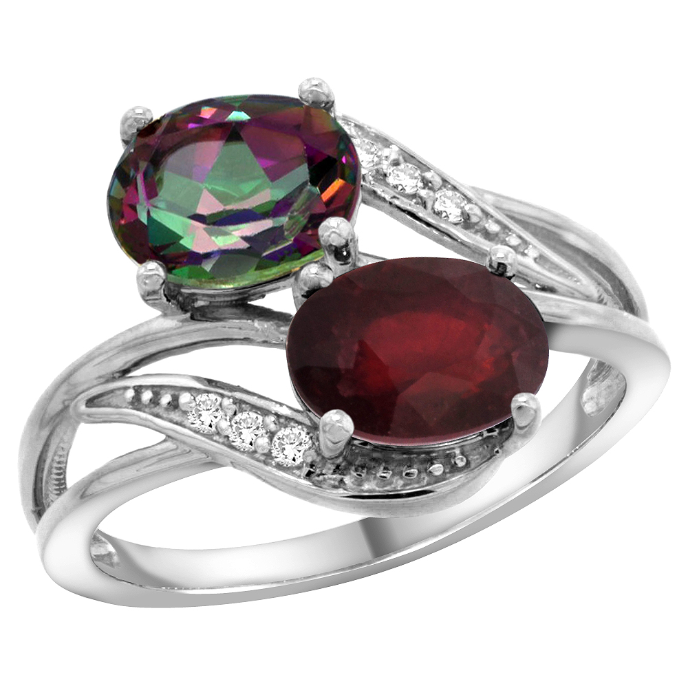 14K White Gold Diamond Natural Mystic Topaz & Quality Ruby 2-stone Mothers Ring Oval 8x6mm, size 5 - 10